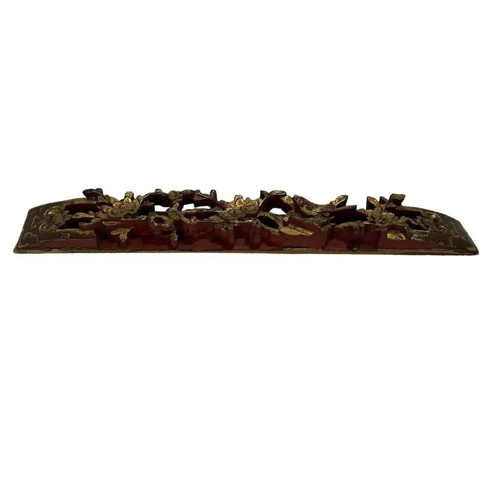 Antique Chinese Gold Leaf Carved Wood Wall Art High Relief Panel 18.75